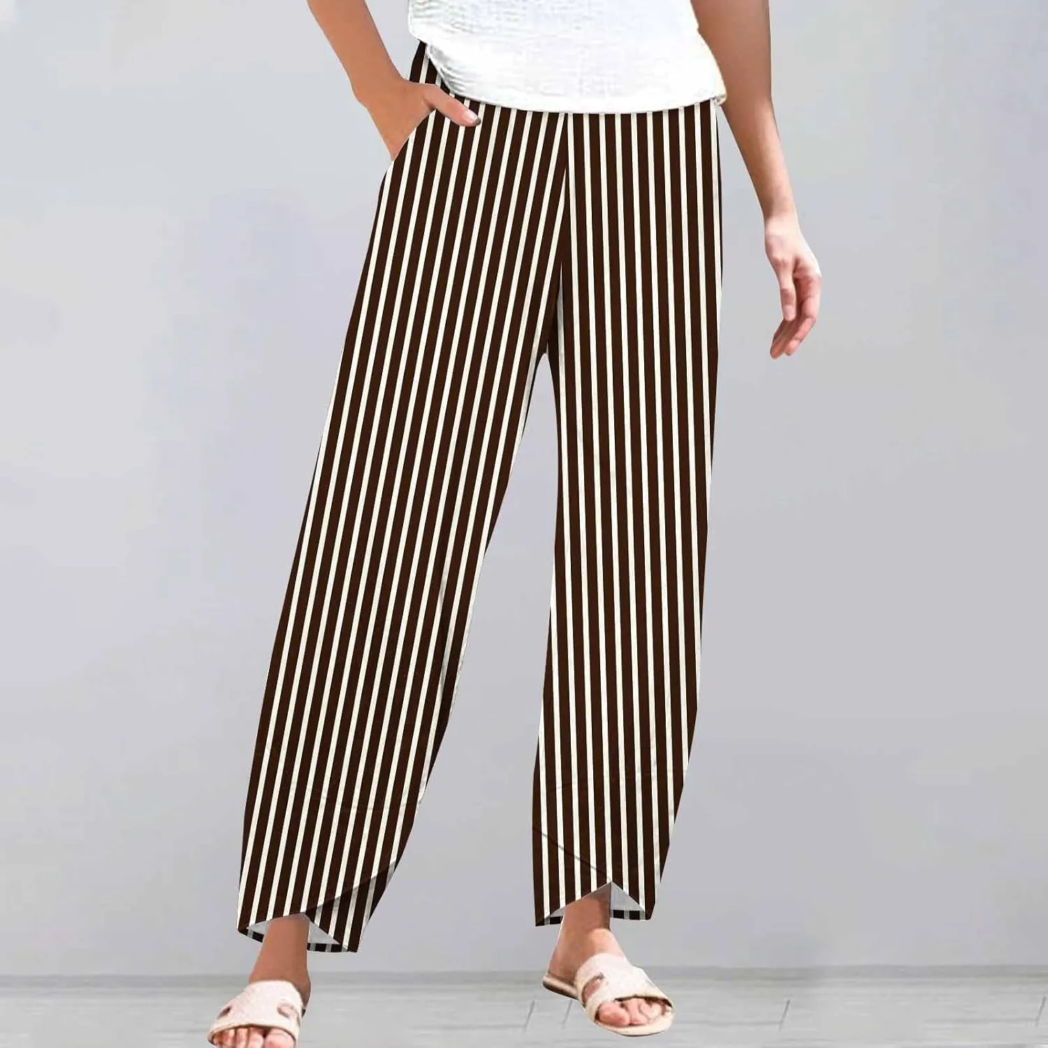 Womens Cotton Linen Striped Pants Wide Leg Comfy Trousers Fashionable Loose Straight Pant for Outdoor Hiking