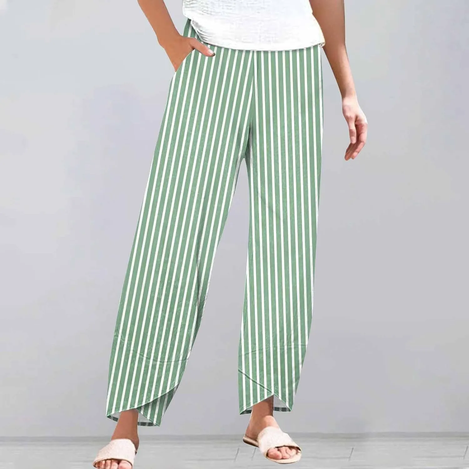 Womens Cotton Linen Striped Pants Wide Leg Comfy Trousers Fashionable Loose Straight Pant for Outdoor Hiking