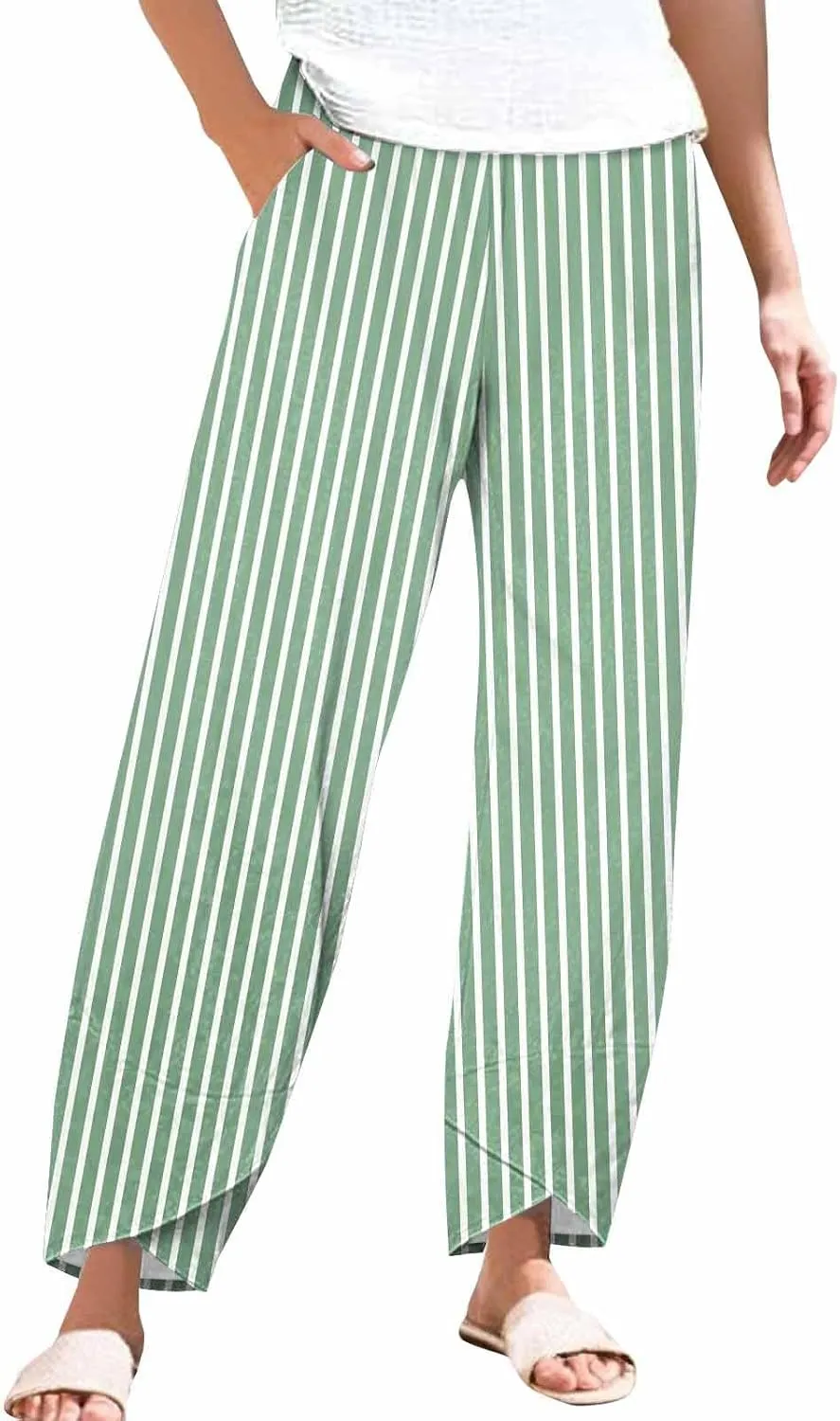 Womens Cotton Linen Striped Pants Wide Leg Comfy Trousers Fashionable Loose Straight Pant for Outdoor Hiking