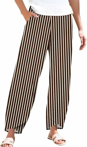 Womens Cotton Linen Striped Pants Wide Leg Comfy Trousers Fashionable Loose Straight Pant for Outdoor Hiking