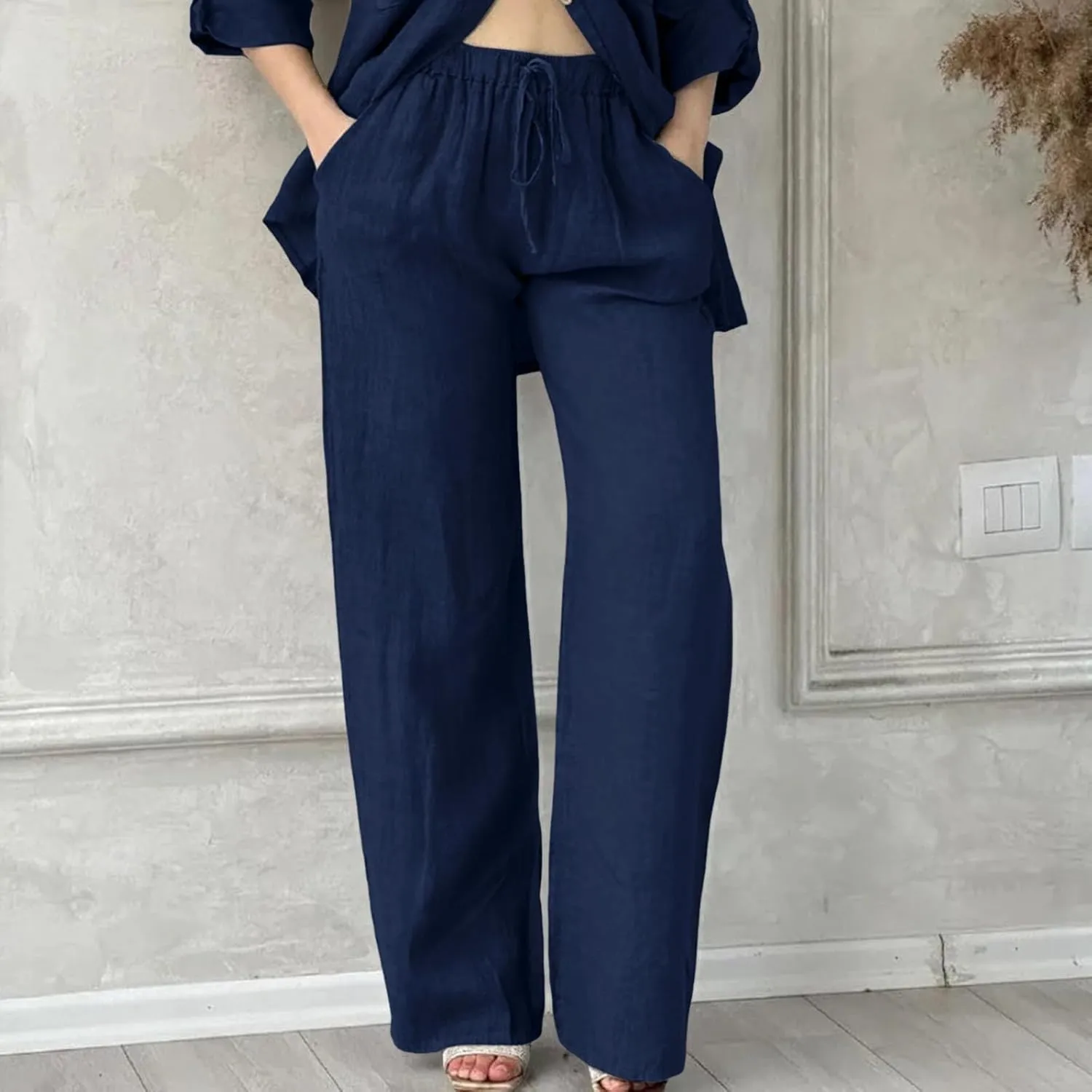 Women's Cotton Linen Trousers Casual Fashionable High-Waisted Drawstring Pants Straight Loose Pant for Joggers Outdoor