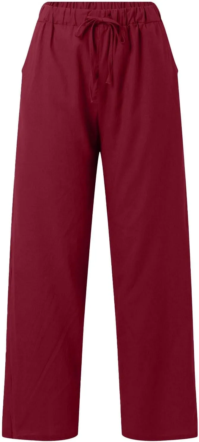 Women's Cotton Linen Trousers Casual Fashionable High-Waisted Drawstring Pants Straight Loose Pant for Joggers Outdoor
