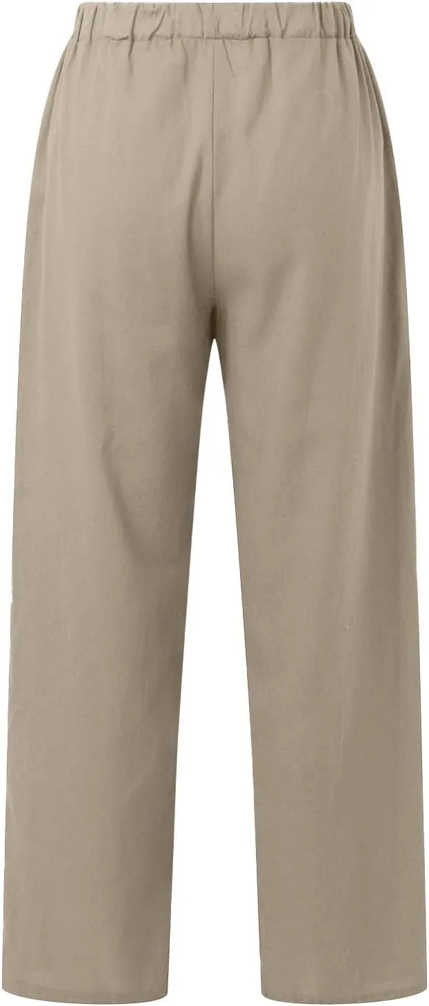 Women's Cotton Linen Trousers Casual Fashionable High-Waisted Drawstring Pants Straight Loose Pant for Joggers Outdoor