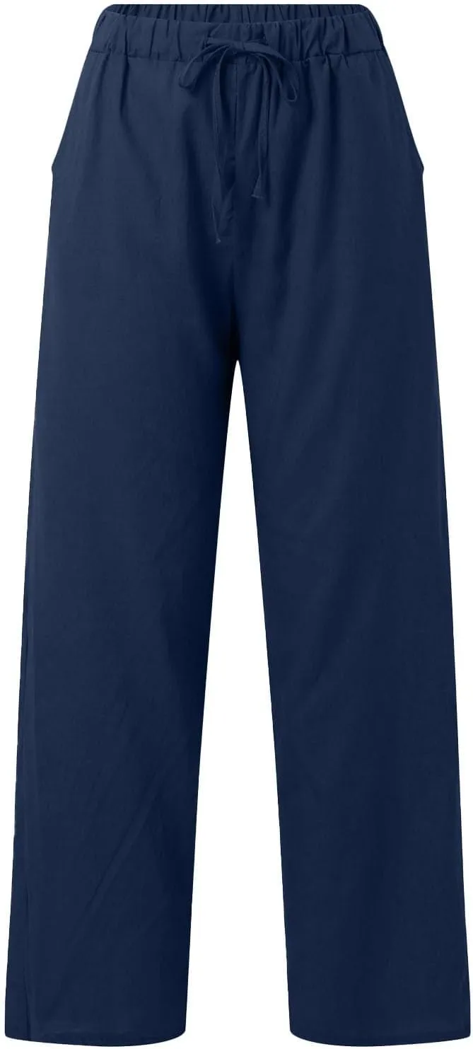 Women's Cotton Linen Trousers Casual Fashionable High-Waisted Drawstring Pants Straight Loose Pant for Joggers Outdoor