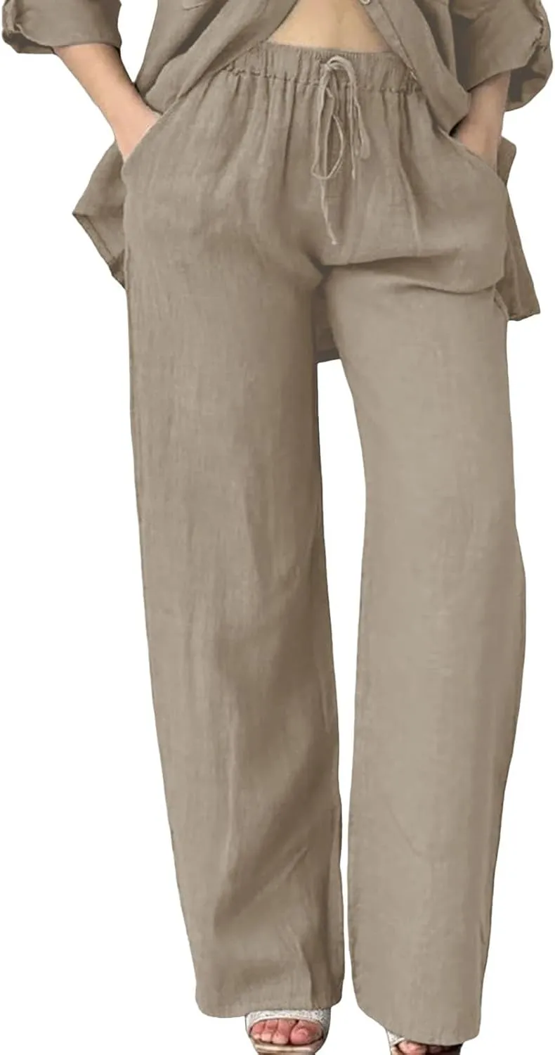 Women's Cotton Linen Trousers Casual Fashionable High-Waisted Drawstring Pants Straight Loose Pant for Joggers Outdoor