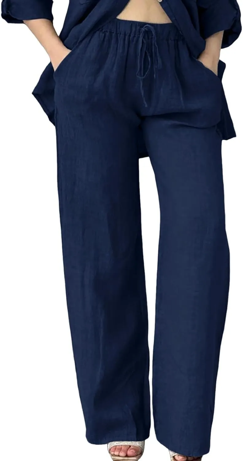 Women's Cotton Linen Trousers Casual Fashionable High-Waisted Drawstring Pants Straight Loose Pant for Joggers Outdoor