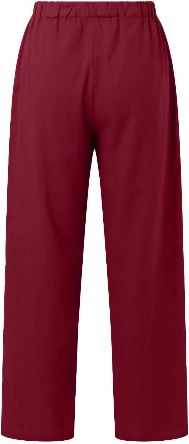 Women's Cotton Linen Trousers Casual Fashionable High-Waisted Drawstring Pants Straight Loose Pant for Joggers Outdoor