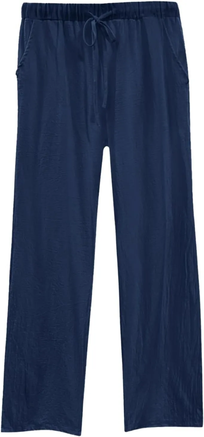 Women's Cotton Linen Trousers Casual Fashionable High-Waisted Drawstring Pants Straight Loose Pant for Joggers Outdoor