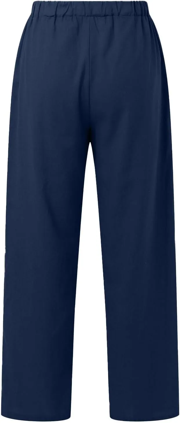 Women's Cotton Linen Trousers Casual Fashionable High-Waisted Drawstring Pants Straight Loose Pant for Joggers Outdoor
