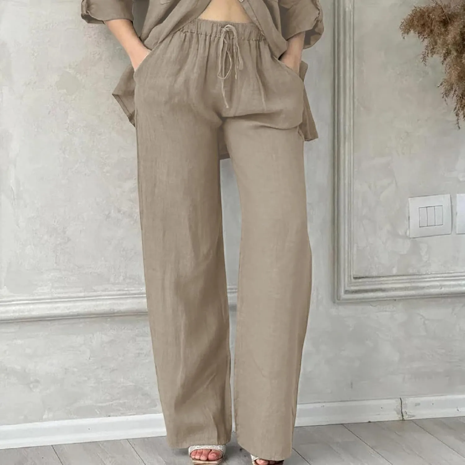 Women's Cotton Linen Trousers Casual Fashionable High-Waisted Drawstring Pants Straight Loose Pant for Joggers Outdoor