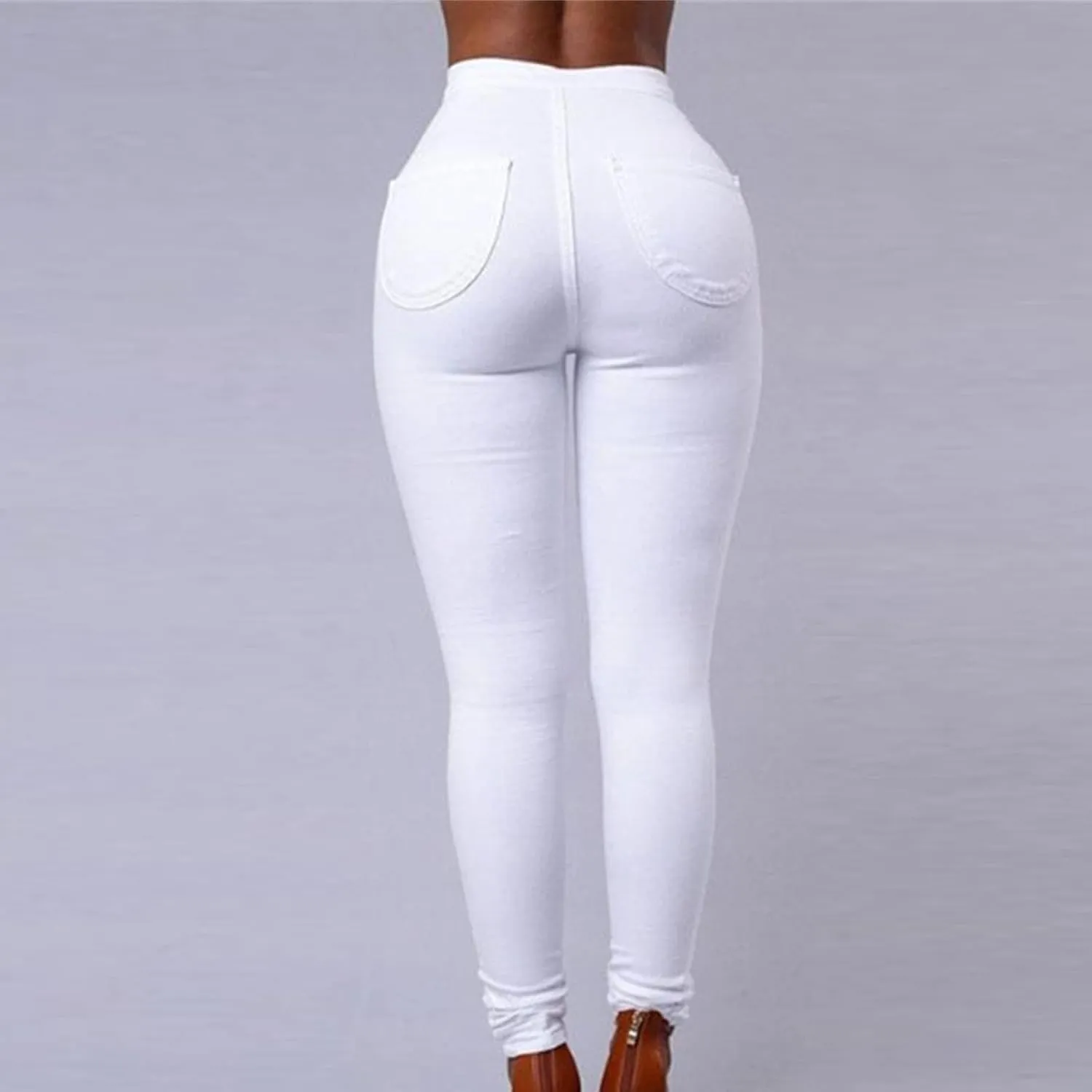 Womens Cozy Skinny Business Jeans Casual High Waisted Stretch Slim Denim Solid Color Butt Lift Pencil Pants With Pockets