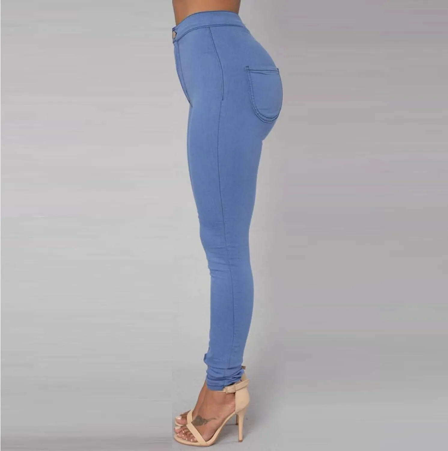 Womens Cozy Skinny Business Jeans Casual High Waisted Stretch Slim Denim Solid Color Butt Lift Pencil Pants With Pockets