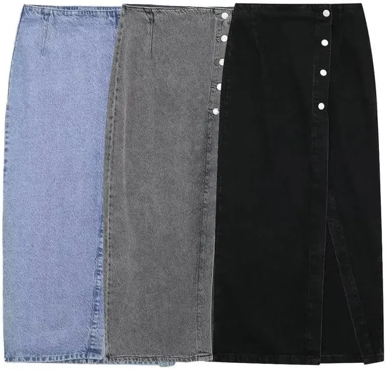Women's High Waist Jeans Skirt Midi Women's Button Long Skirt
