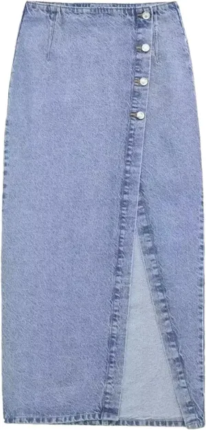Women's High Waist Jeans Skirt Midi Women's Button Long Skirt