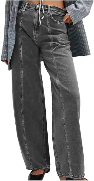 Women's High Waisted Wide Leg Jeans, Fashionable Loose Patchwork Lantern Pants Stylish Casual Denim Pants with Pocket