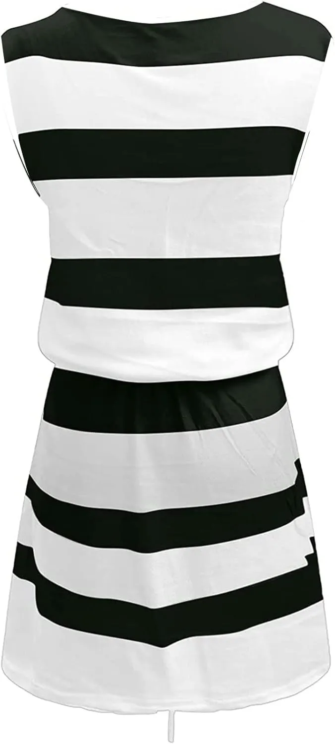 Womens Short Sleeve Striped T Shirt Dress Tie Waist Mini Dress Casual V Neck Summer Dresses Beach Outfits with Pockets