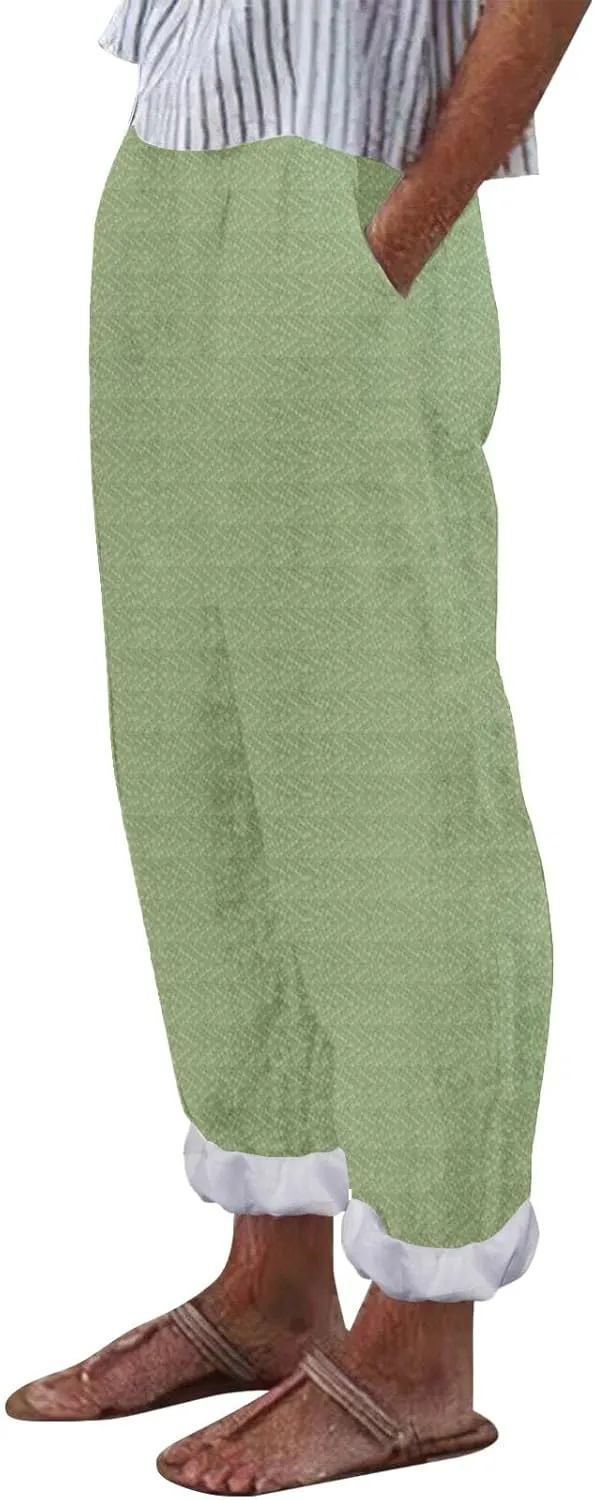 Women's Striped Cotton Linen Wide Leg Pants Summer Casual Comfy Pants Elastic Waist Breathable Fashionable Trousers