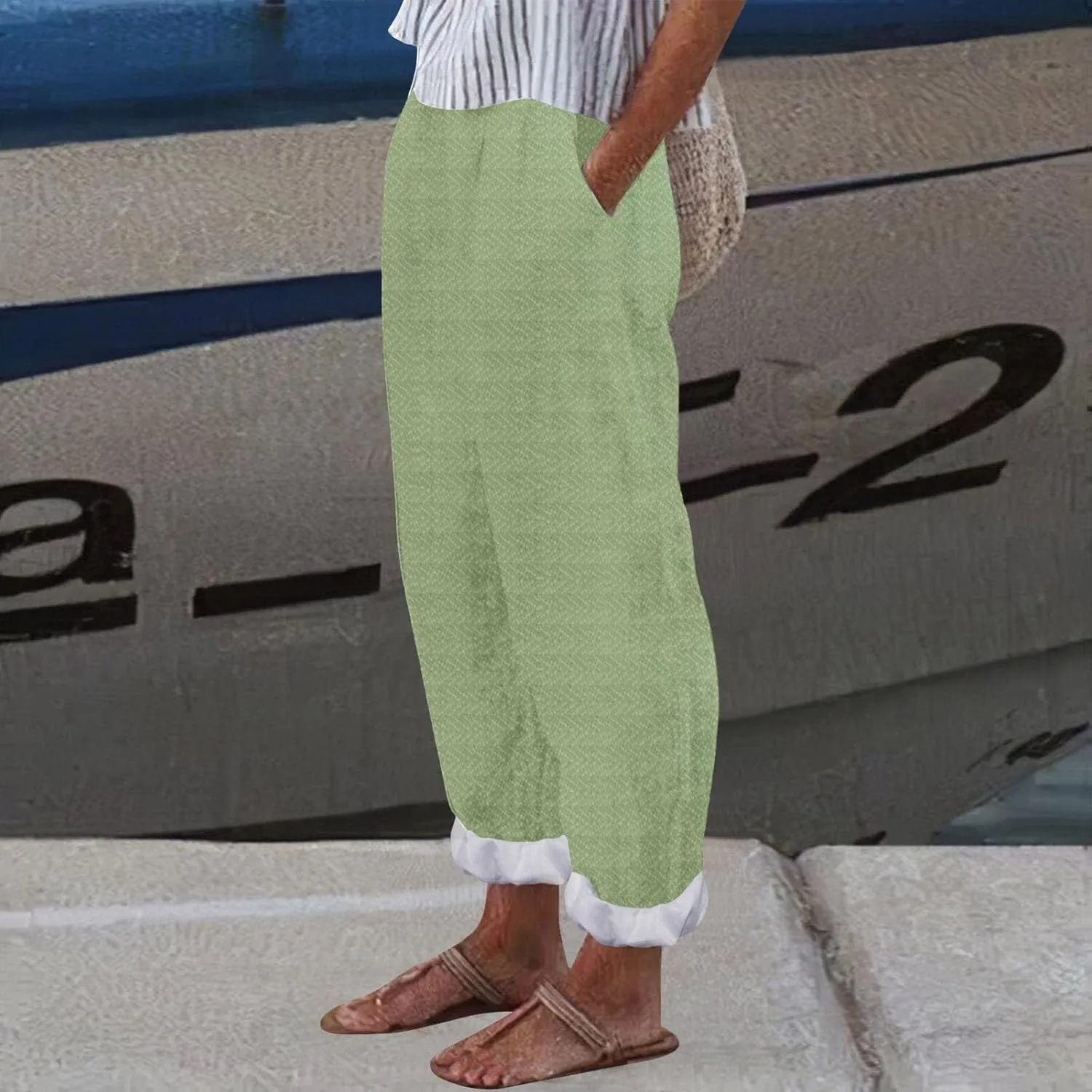 Women's Striped Cotton Linen Wide Leg Pants Summer Casual Comfy Pants Elastic Waist Breathable Fashionable Trousers