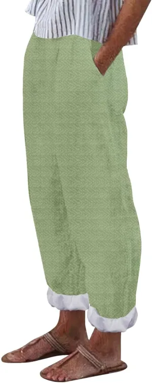 Women's Striped Cotton Linen Wide Leg Pants Summer Casual Comfy Pants Elastic Waist Breathable Fashionable Trousers