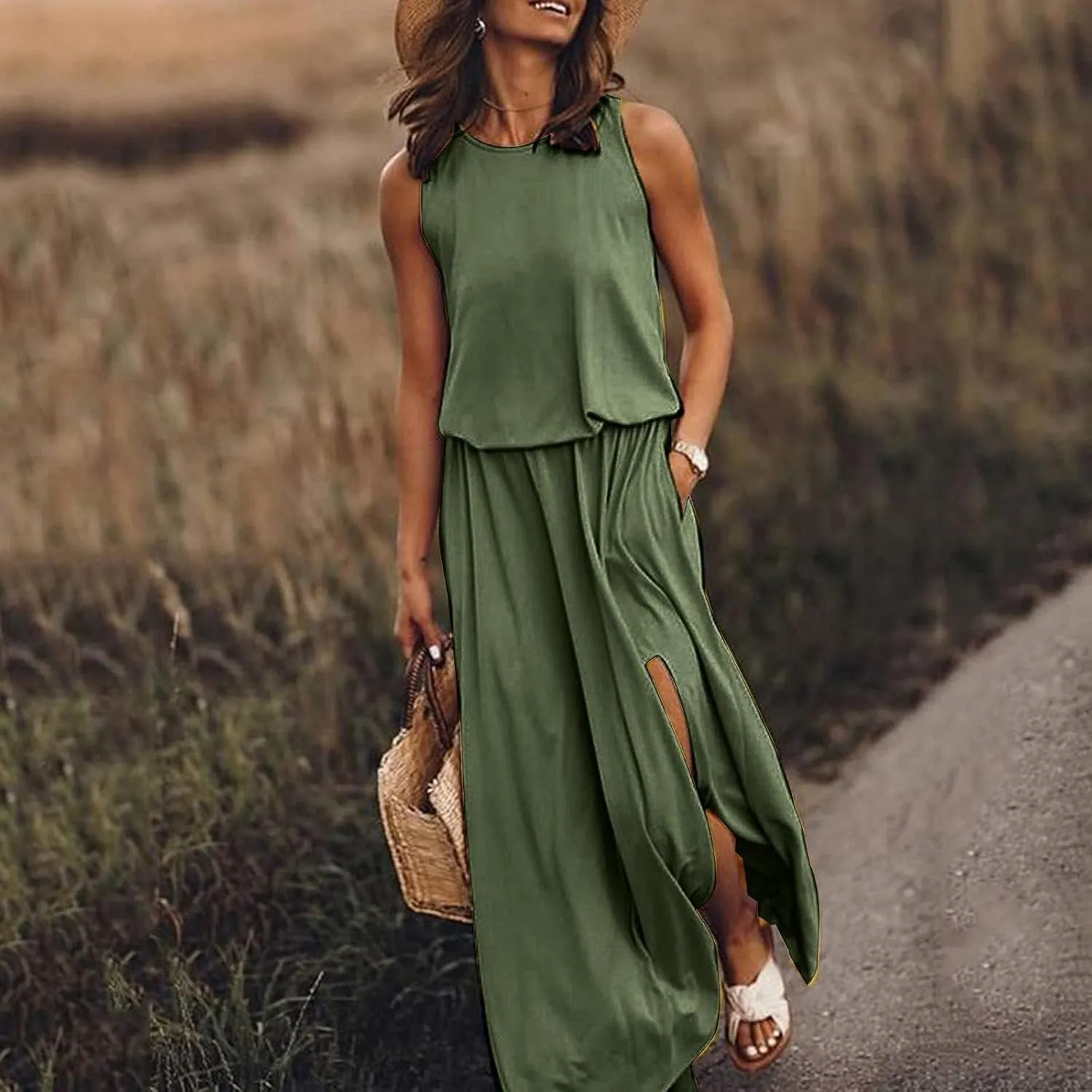 Women's Summer 2024 Round Neck Solid Sleeveless Dress with Slits Fashionable and Elegant Long Skirt