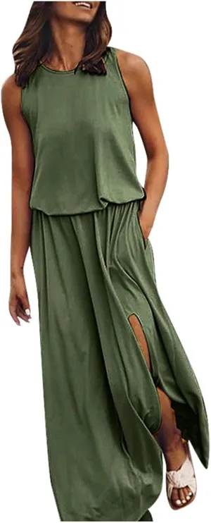 Women's Summer 2024 Round Neck Solid Sleeveless Dress with Slits Fashionable and Elegant Long Skirt