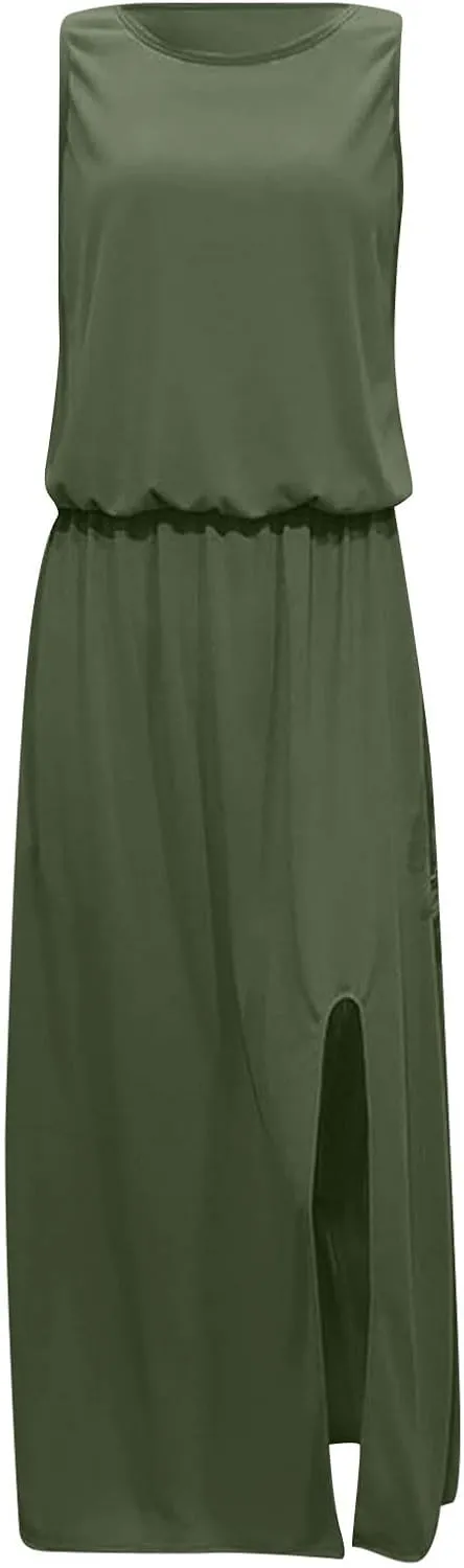 Women's Summer 2024 Round Neck Solid Sleeveless Dress with Slits Fashionable and Elegant Long Skirt
