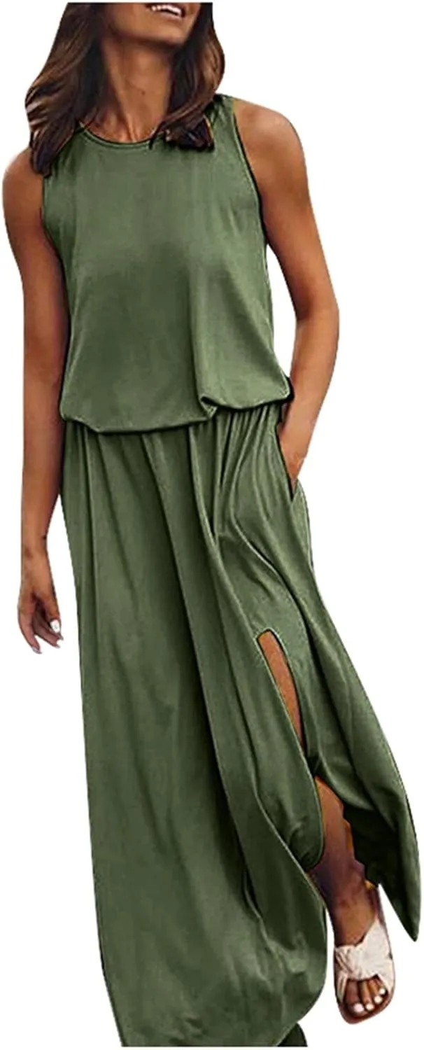 Women's Summer 2024 Round Neck Solid Sleeveless Dress with Slits Fashionable and Elegant Long Skirt