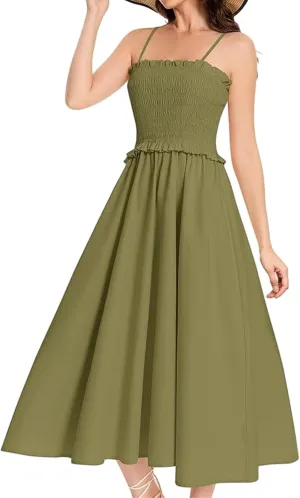 Women's Summer Dress 2025 Casual Fashion Spaghetti Strap Swing Smocked Maxi Sleeveless Beach Sundress