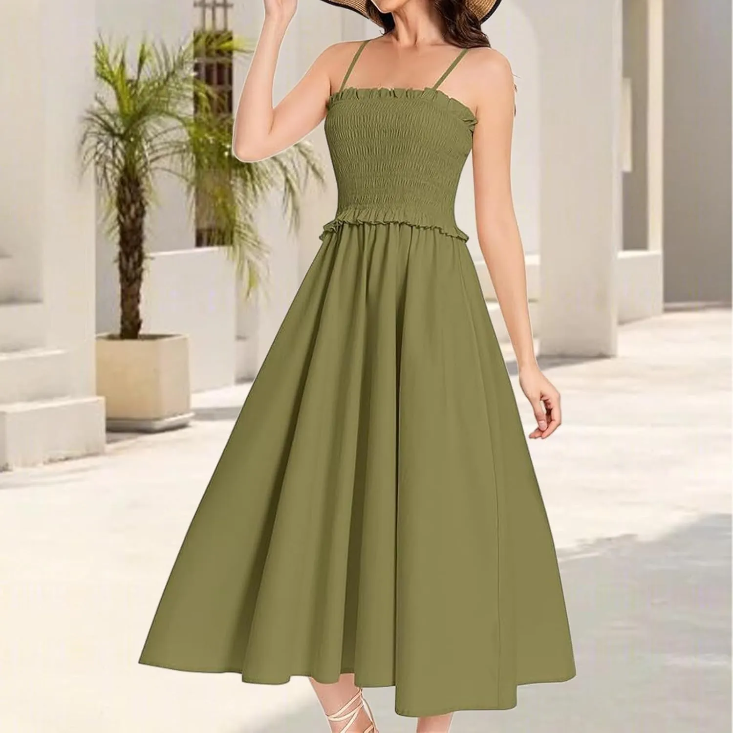 Women's Summer Dress 2025 Casual Fashion Spaghetti Strap Swing Smocked Maxi Sleeveless Beach Sundress