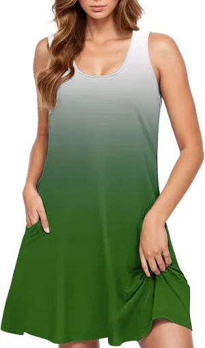 Womens Tiered Printed Dress 2025 Summer Sleeveless Adjustable Strap Beach Mini Dress with Pockets Casual Loose Dress