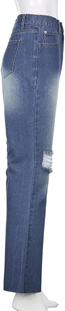 Womens Zipped High Waist Ripped Flare Denim Pants Jeans Trousers