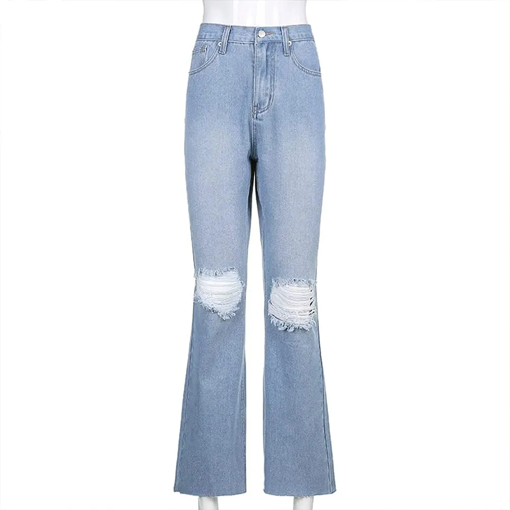 Womens Zipped High Waist Ripped Flare Denim Pants Jeans Trousers