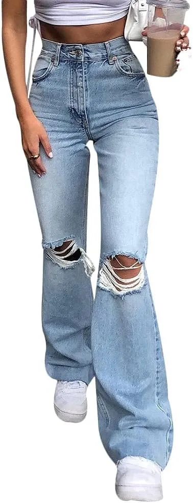 Womens Zipped High Waist Ripped Flare Denim Pants Jeans Trousers
