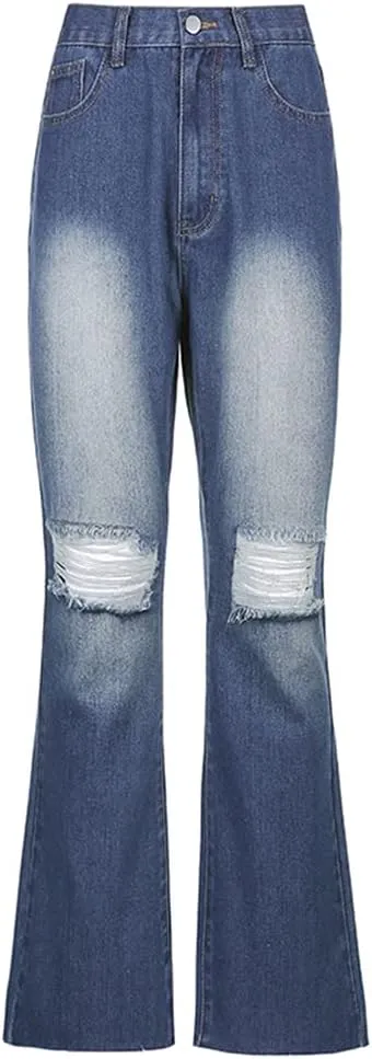 Womens Zipped High Waist Ripped Flare Denim Pants Jeans Trousers