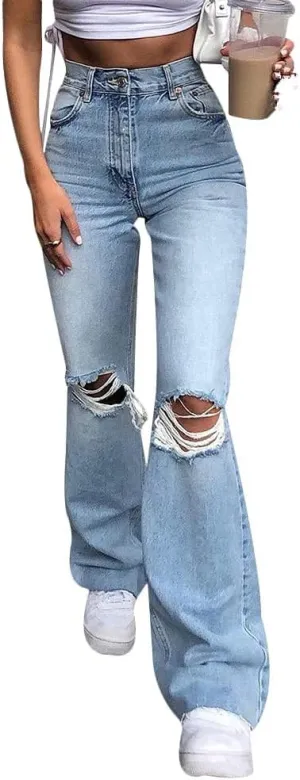 Womens Zipped High Waist Ripped Flare Denim Pants Jeans Trousers