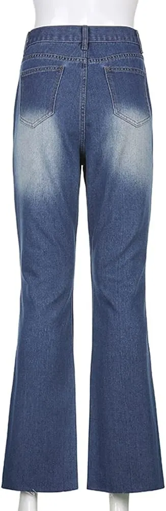 Womens Zipped High Waist Ripped Flare Denim Pants Jeans Trousers