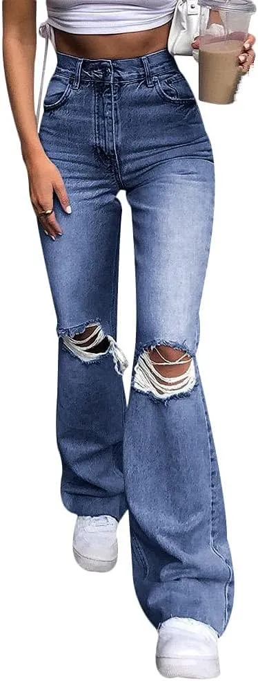 Womens Zipped High Waist Ripped Flare Denim Pants Jeans Trousers