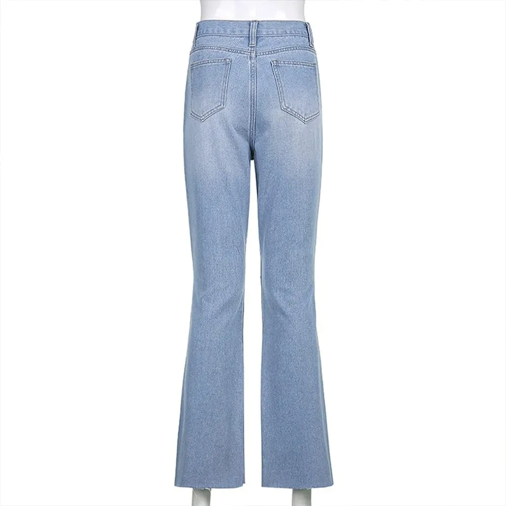 Womens Zipped High Waist Ripped Flare Denim Pants Jeans Trousers
