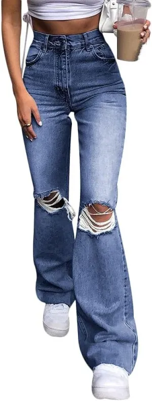 Womens Zipped High Waist Ripped Flare Denim Pants Jeans Trousers