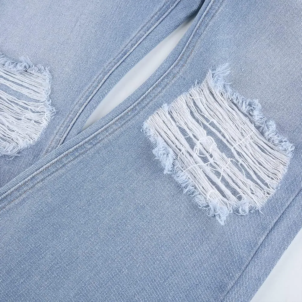 Womens Zipped High Waist Ripped Flare Denim Pants Jeans Trousers