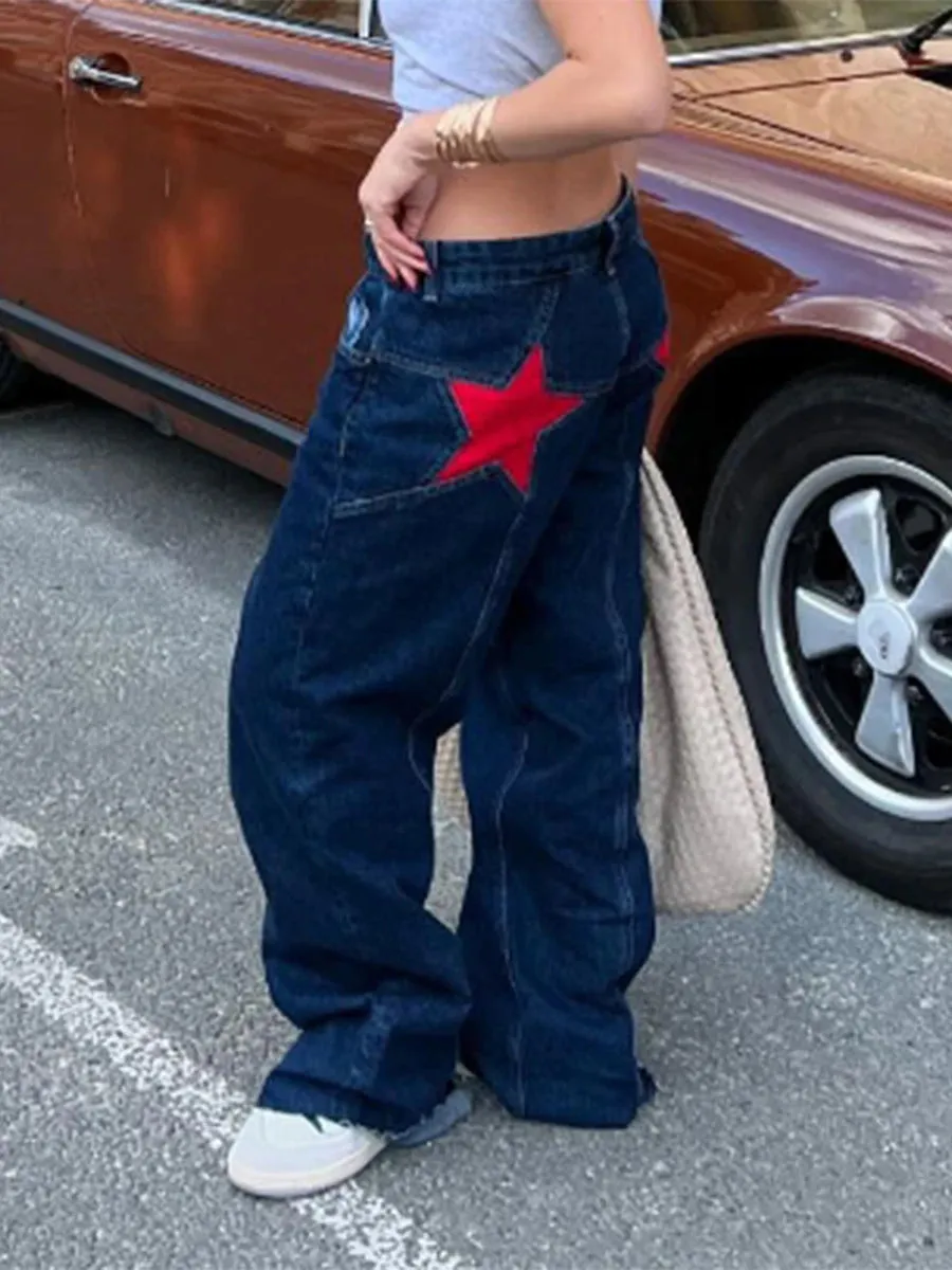 Y2K Star Print Vintage Denim  Loose Fit, Low-Waist Statement Jeans