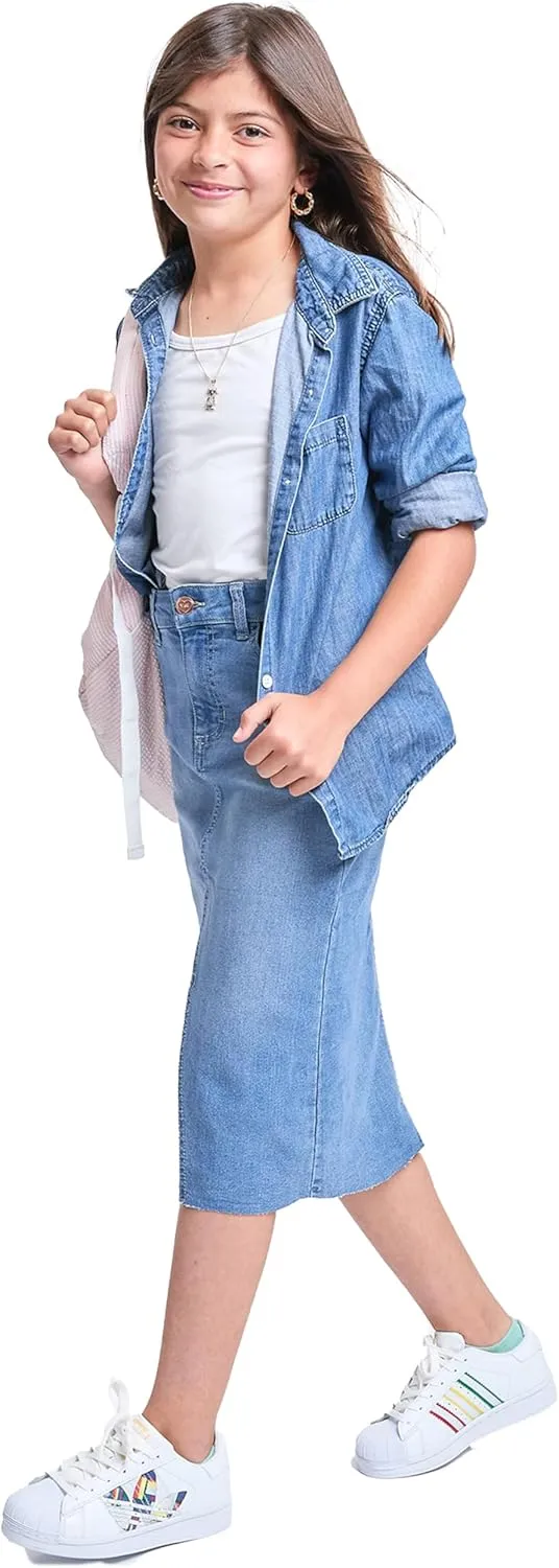 YMI Jeans Girls Denim Front Slit Raw Hem Long Skirt