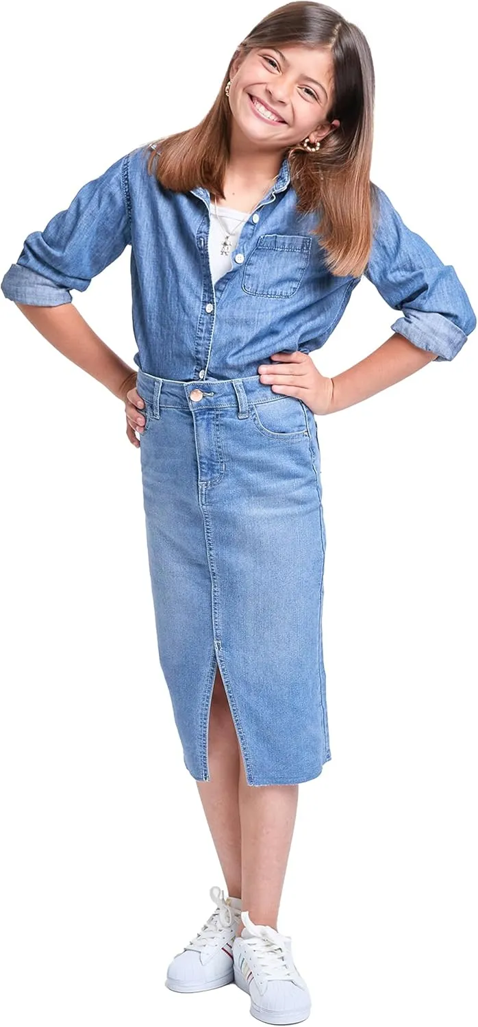 YMI Jeans Girls Denim Front Slit Raw Hem Long Skirt
