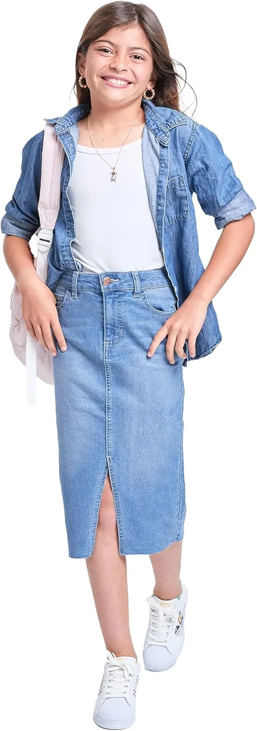 YMI Jeans Girls Denim Front Slit Raw Hem Long Skirt