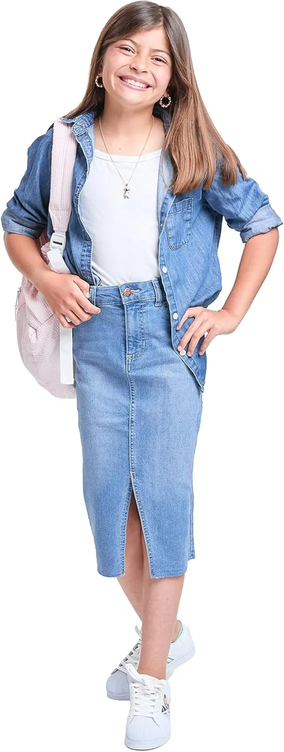 YMI Jeans Girls Denim Front Slit Raw Hem Long Skirt