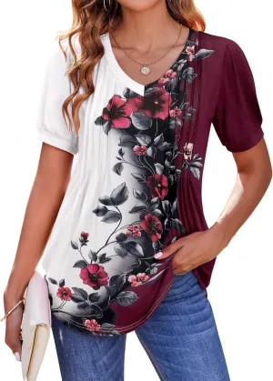 Zeagoo Women's Puff Short Sleeve Boho Shirts Casual V Neck Floral Solid Summer Blouse Pleated Tunic Top