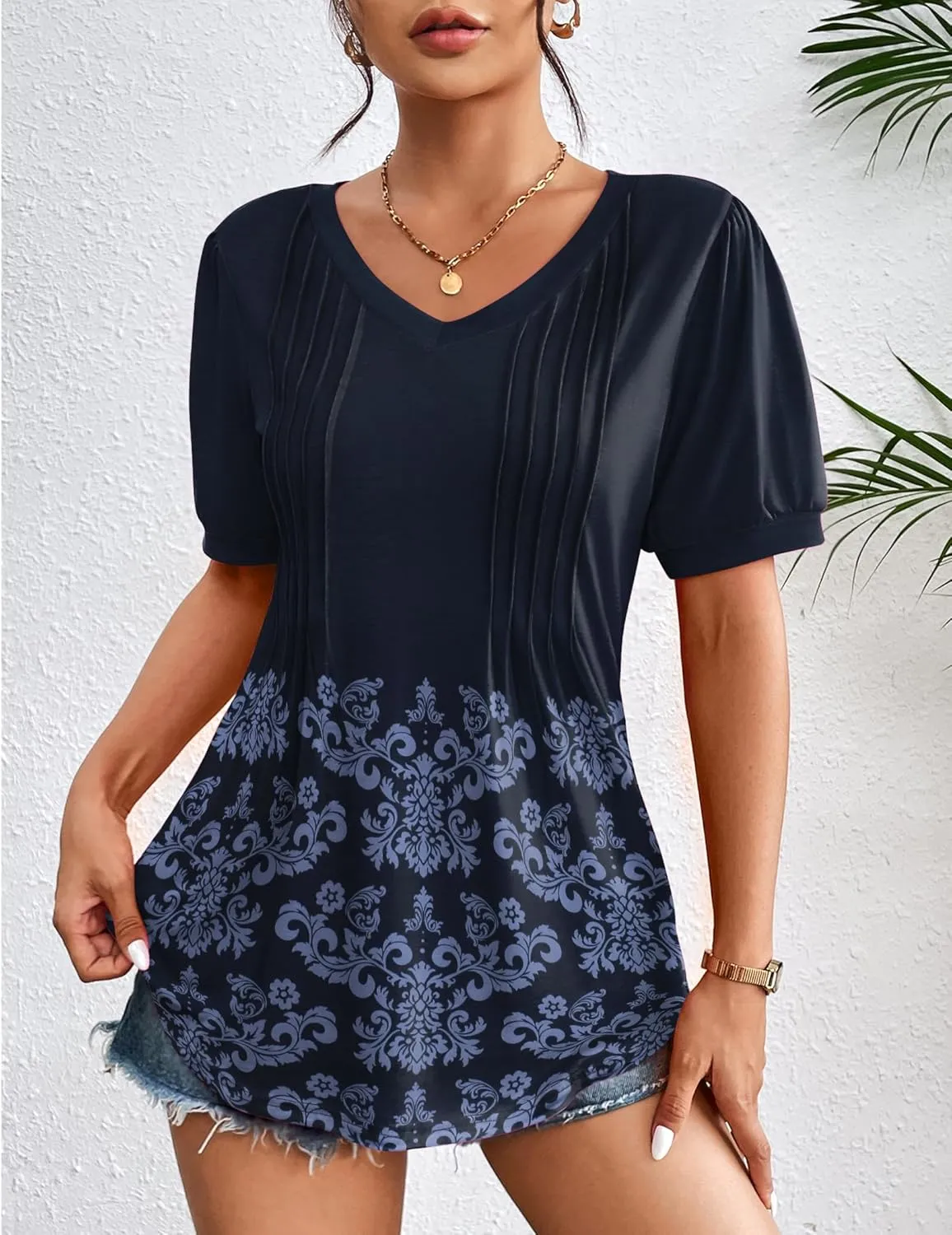 Zeagoo Women's Puff Short Sleeve Boho Shirts Casual V Neck Floral Solid Summer Blouse Pleated Tunic Top