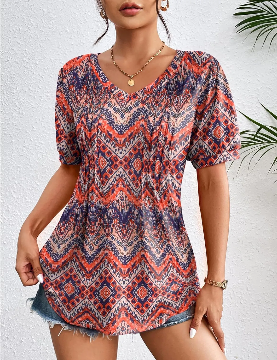 Zeagoo Women's Puff Short Sleeve Boho Shirts Casual V Neck Floral Solid Summer Blouse Pleated Tunic Top