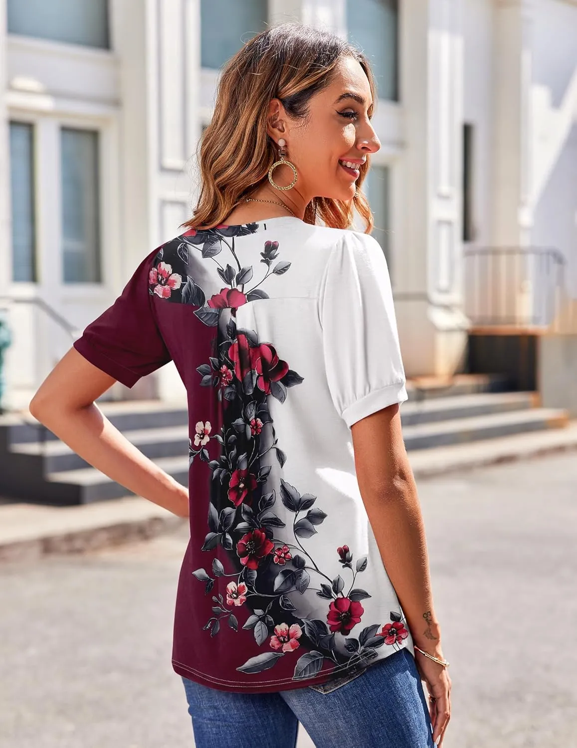 Zeagoo Women's Puff Short Sleeve Boho Shirts Casual V Neck Floral Solid Summer Blouse Pleated Tunic Top