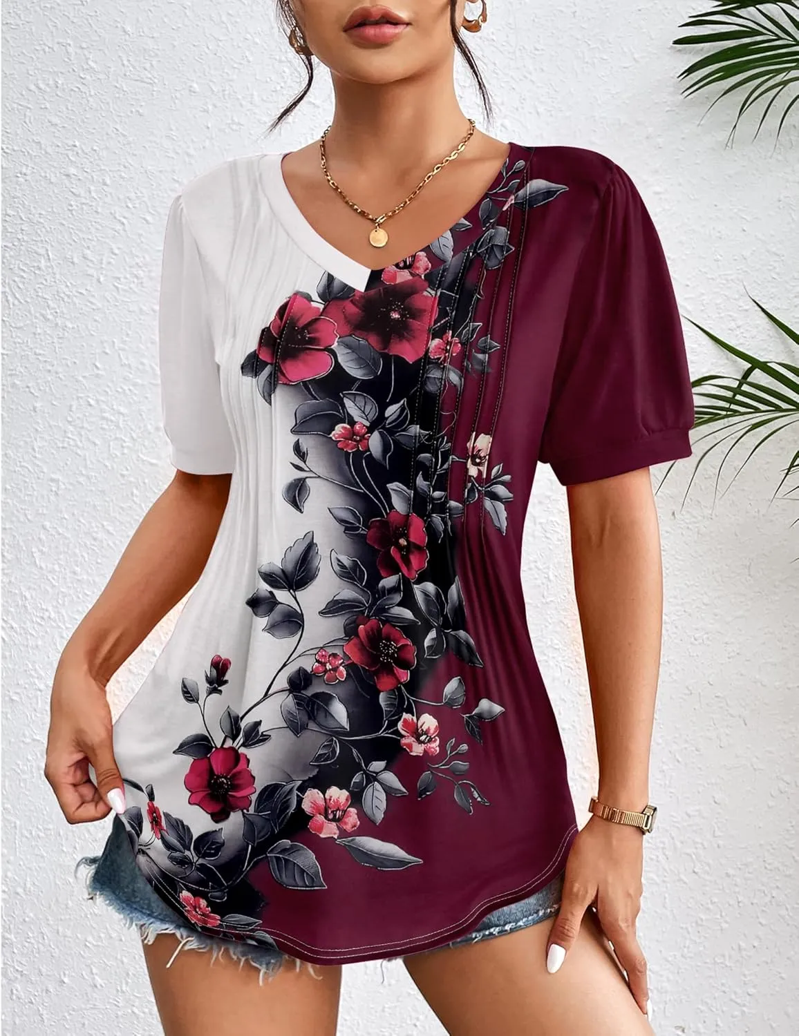 Zeagoo Women's Puff Short Sleeve Boho Shirts Casual V Neck Floral Solid Summer Blouse Pleated Tunic Top